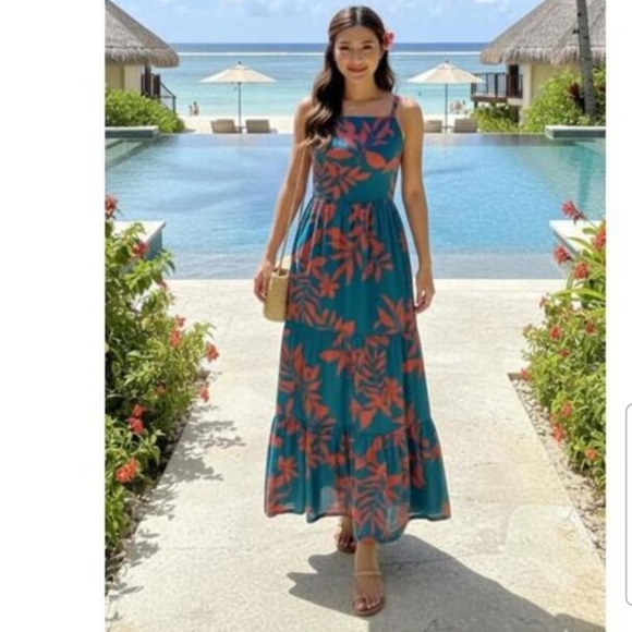 Old Navy Dresses & Skirts - Old Navy Tropical Smocked Tiered Midi Sundress Beach Vacation Womens Size Medium